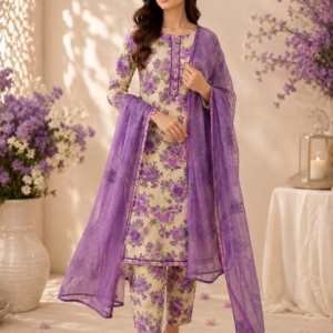 3Pc Unstitched Lawn Suit With Chiffon Dopatta