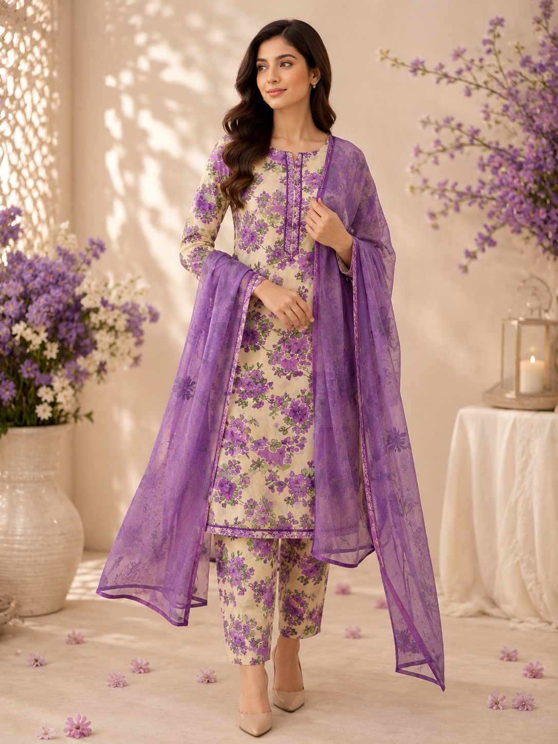 3Pc Unstitched Lawn Suit With Chiffon Dopatta