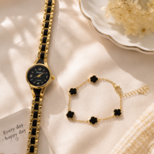 Luxury Black Gold Watch & Bracelet Set