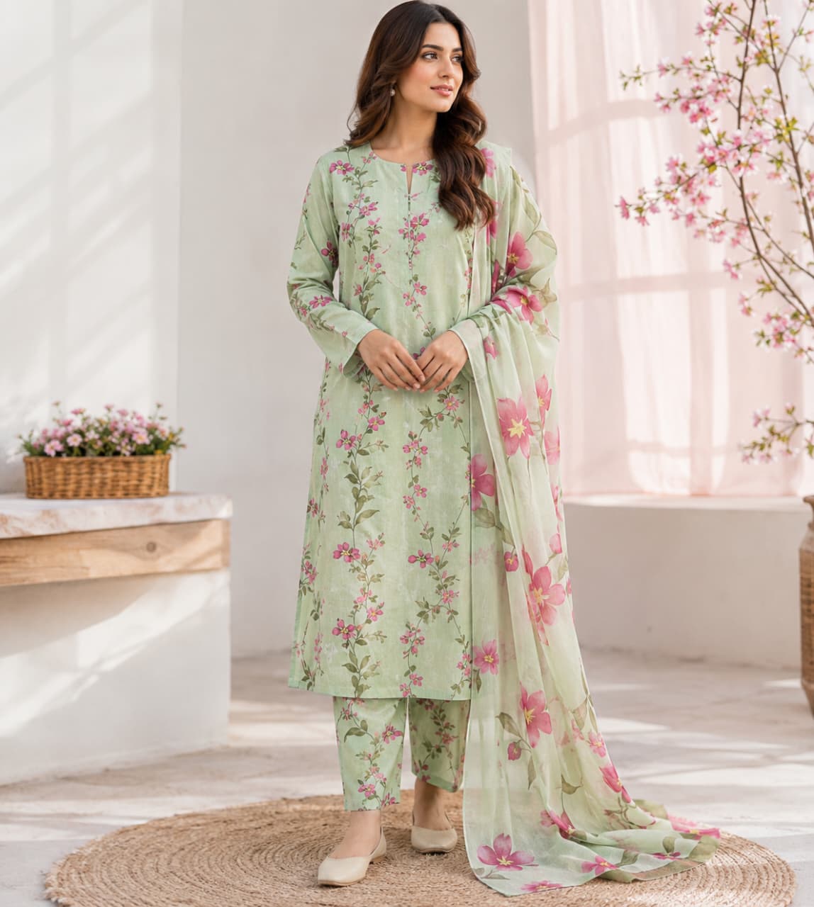 3Pc Unstitched  LawnSuit